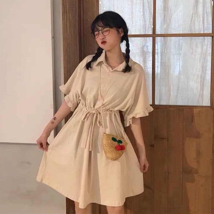 ウエストリボンフレア袖シャツワンピース