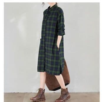 コットンチェック柄シャツワンピース秋冬長袖