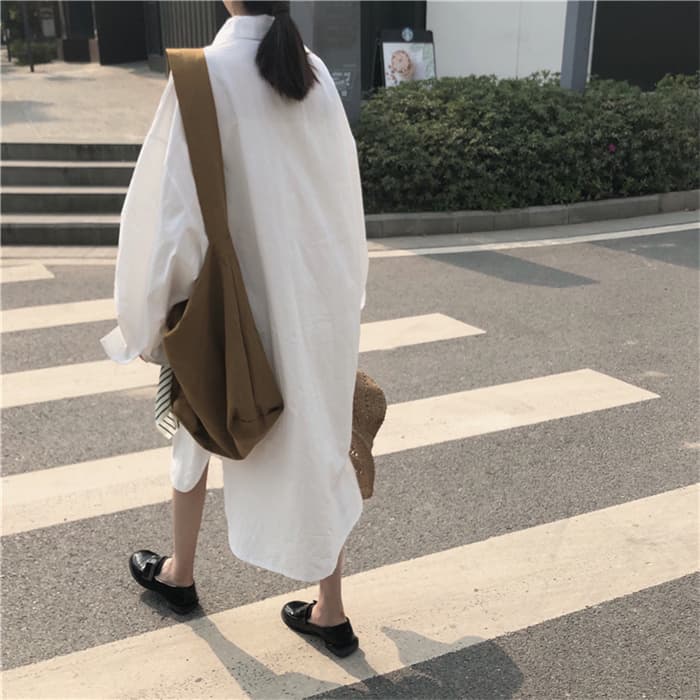 韓国風ゆったりシャツワンピース ラペル襟ミドル丈