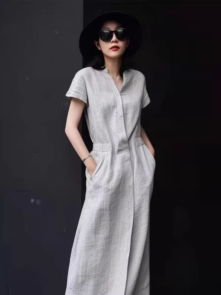 シャツワンピース 天然麻素材半袖ロング丈シャツワンピース