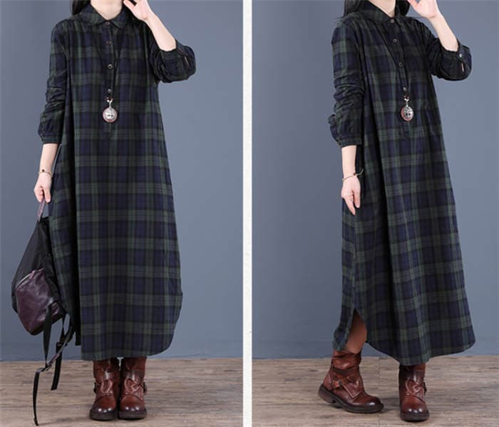 コットンチェック柄シャツワンピース長袖ロング丈