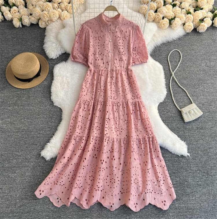 レース刺繍パフスリーブシャツワンピース