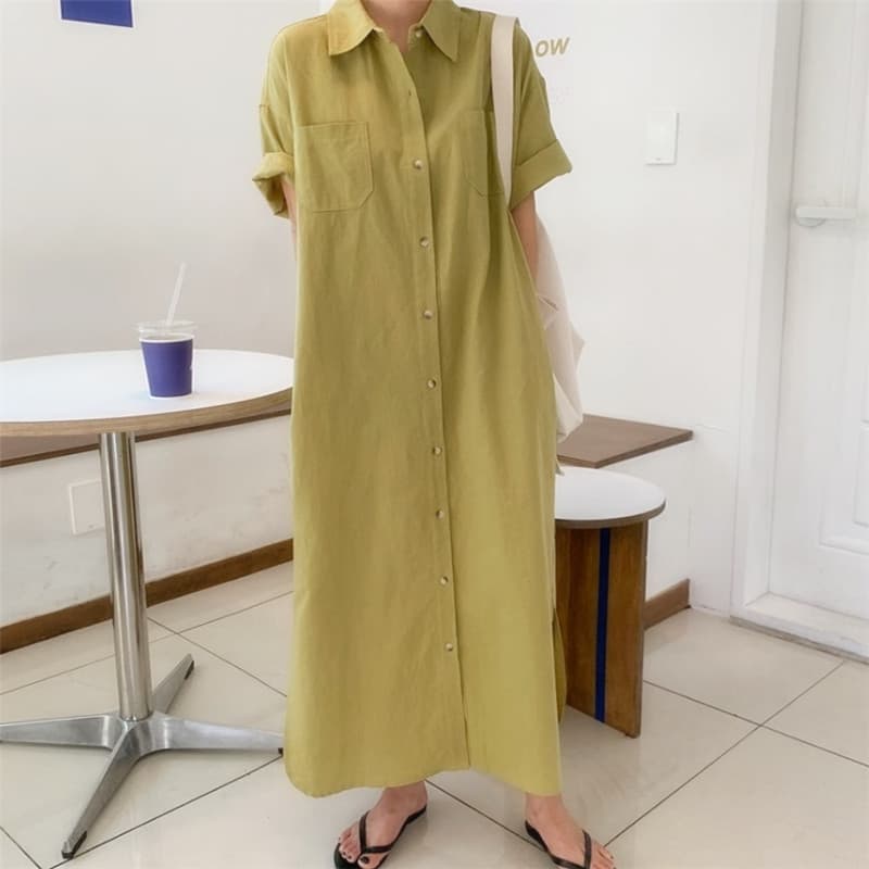 リネン シャツワンピース レディース ロング丈 体型カバー 大きいサイズ対応