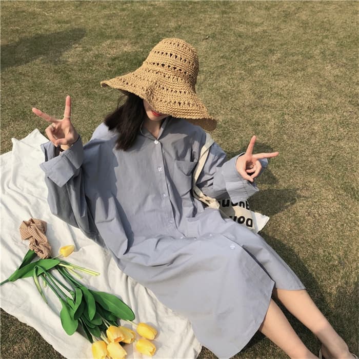 韓国風ゆったりシャツワンピース ラペル襟ミドル丈