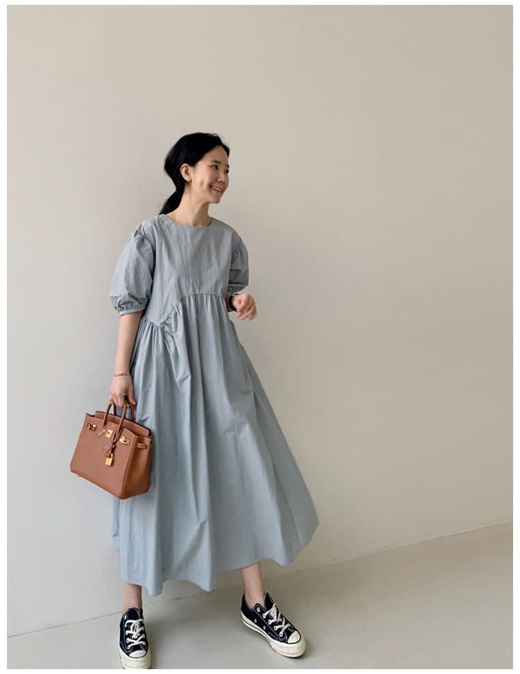 パフスリーブ ロング丈 シャツワンピース 夏 ゆったり
