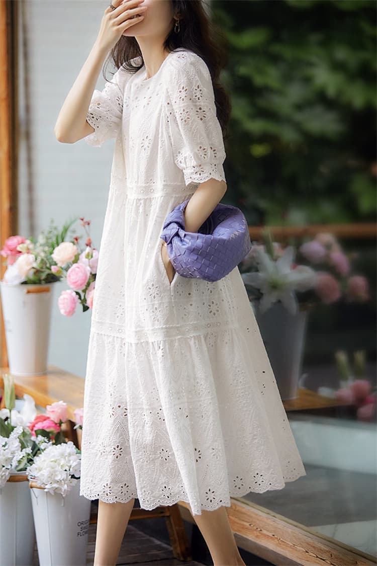 白色刺繍レース半袖シャツワンピース ティアードデザイン