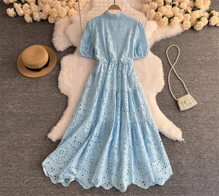 レース刺繍パフスリーブシャツワンピース