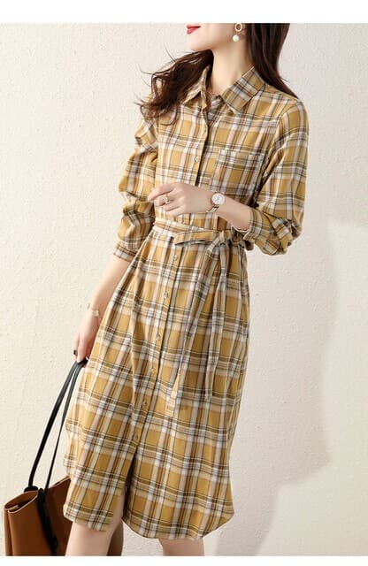 コーデュロイ チェック柄 シャツワンピース 長袖 ひざ丈