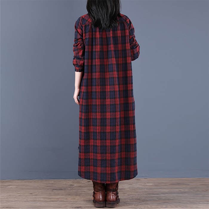 コットンチェック柄シャツワンピース長袖ロング丈