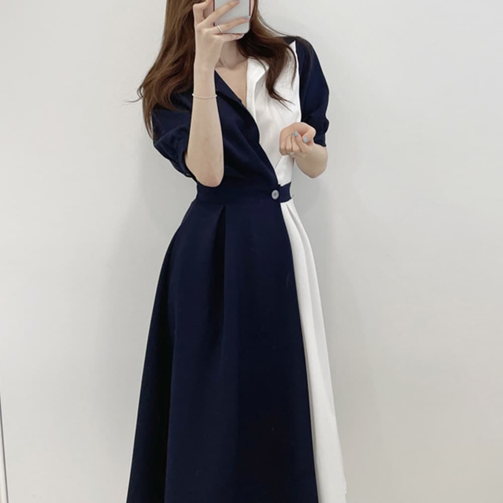 配色シャツワンピース ロング レディース 韓国風