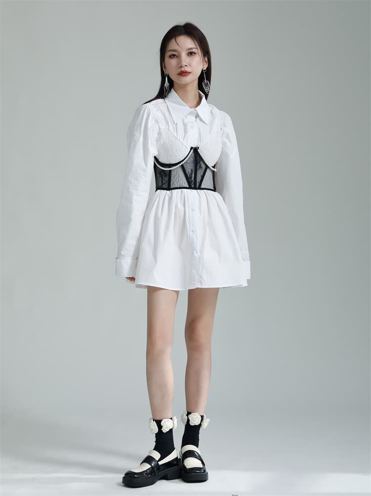 レース切り替え長袖シャツワンピース黒