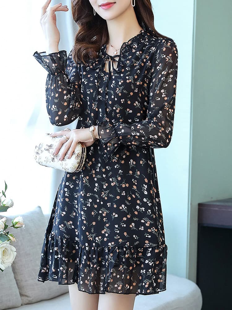 小花柄リボンタイ付きシフォン長袖シャツワンピース