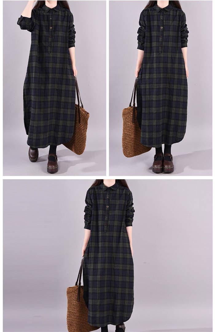 コットンチェック柄シャツワンピース長袖ロング丈