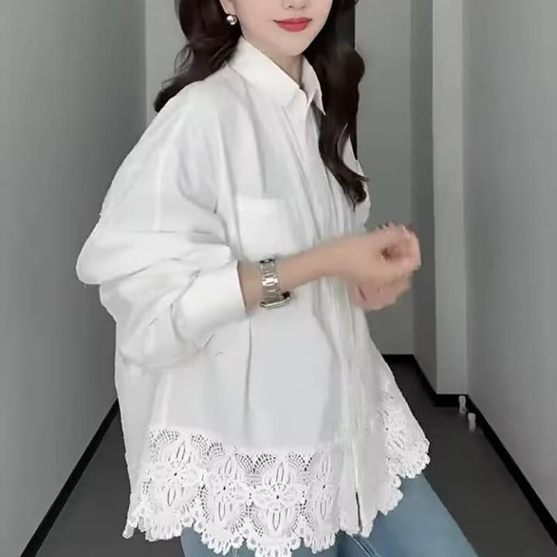 白レース裾ゆったりシャツワンピース
