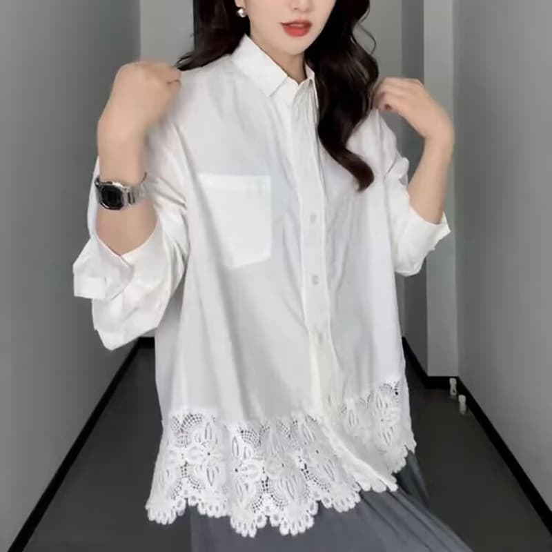 白レース裾ゆったりシャツワンピース