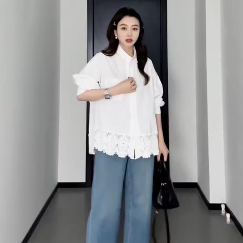 白レース裾ゆったりシャツワンピース