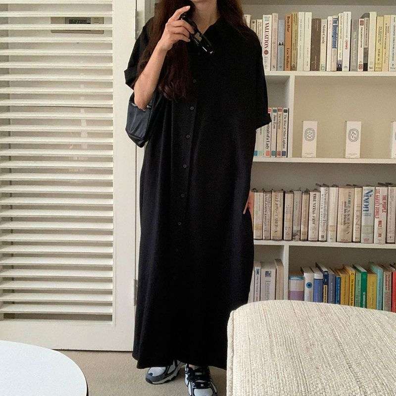 大人カジュアル グリーン ロング丈シャツワンピース