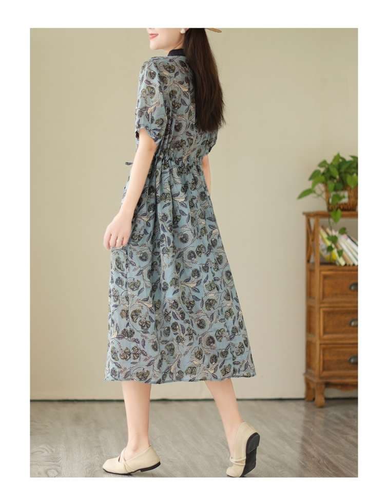 大人女性向け花柄プリント半袖シャツワンピース