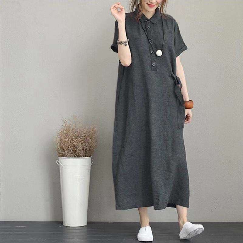 大人女性向けリネン風ゆったりシャツワンピース