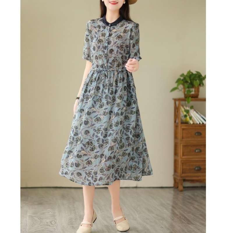 大人女性向け花柄プリント半袖シャツワンピース