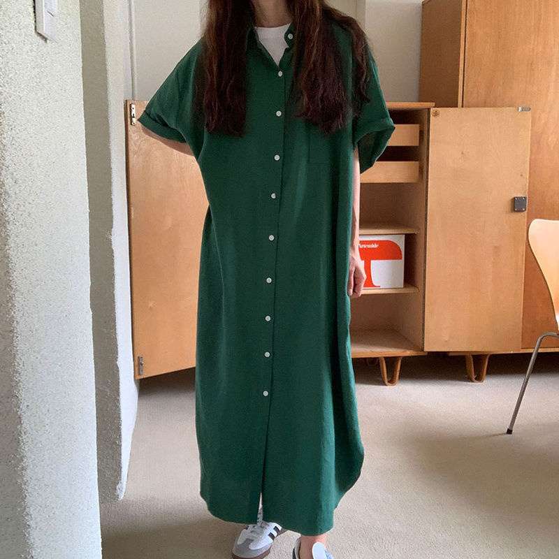 大人カジュアル グリーン ロング丈シャツワンピース