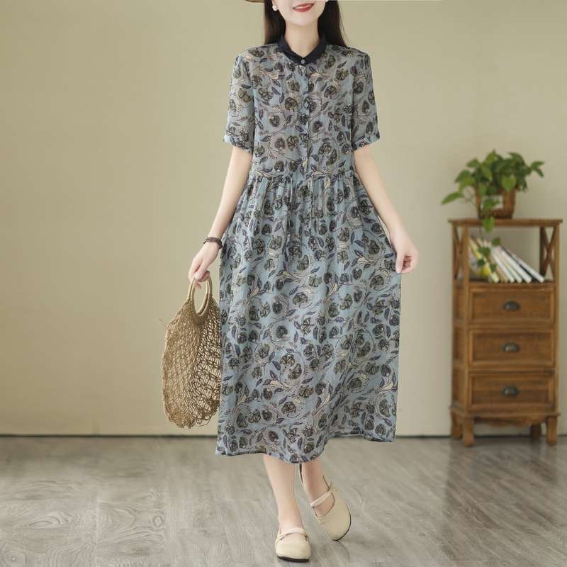 大人女性向け花柄プリント半袖シャツワンピース